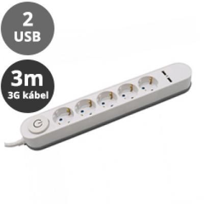 Hosszabító 5-ös elosztóval 3 m vez + 2 USB