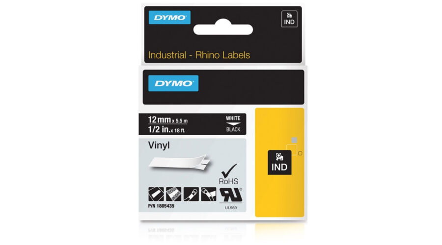 DYMO SZALAG PVC 19mm FK/FEHÉR RHINO színes PVC 12mm fehér/fekete