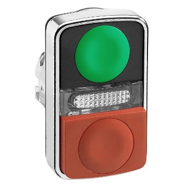 Zöld süllyesztett/piros kiálló világító kétfejű nyomógomb O22 jelöletlen