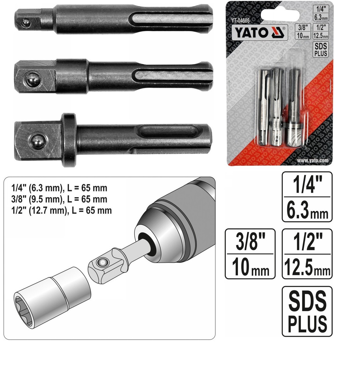 YATO DUGÓKULCS ADAPTER 1/2-1/4-38  @ 1/4 , 3/8 , 1/2 , SDS-Plus