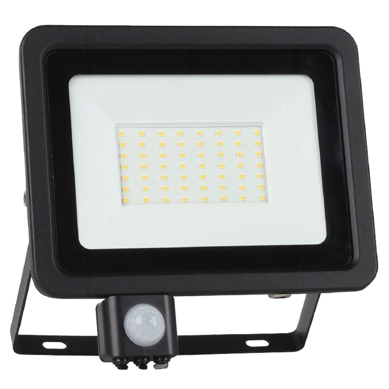 LED fényvető mozgásérzékelővel 50W 4500K 3700lm fekete, lapos kivitel, előtét nélkül