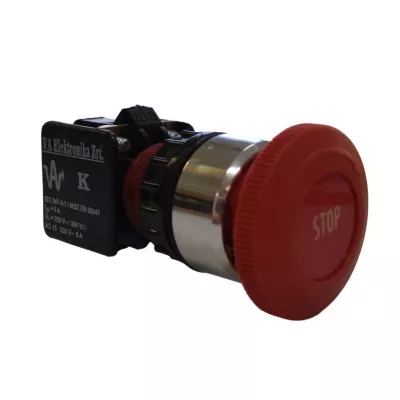 P-v-a-32/K vésznyomó,  STOP  felirattal, fémgőzölt frontgyűrűvel, 1NO-1NC érintkezőelemmel