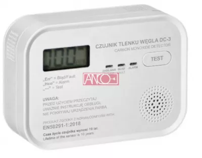 SZÉN-MONOXID ÉRZÉKELŐ, LCD KIJELZŐ 4.5V DC, 3 x AA 1,5V elem (tartozék)