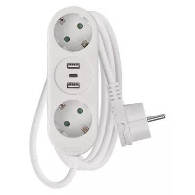 Hosszabbító 2 aljzat, 1,4m, 2xUSB-A, 1xUSB-C, 1,5mm2, fehér