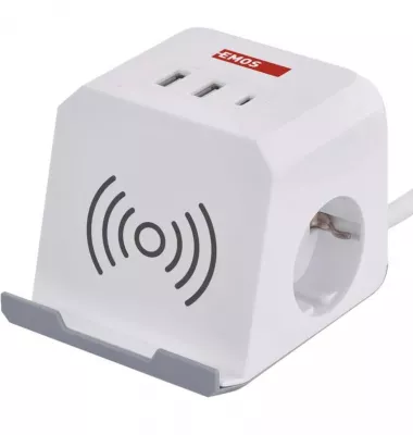 Hosszabbító kocka 2m, 2 aljzat, fehér, 2×USB-A+1×USB-C+Qi, 1,5 mm2
