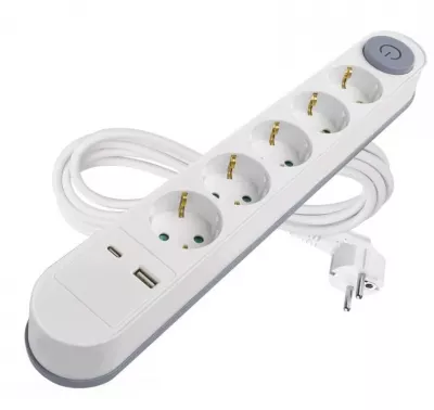 HOSSZABBÍTÓ 5ALJ 3m 1,5mm KAPCS.+USB 1× USB-A + 1× USB-C